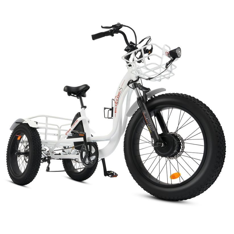 Ecotric 48V 24"x4.0 Front 20"x4.0 Rear Tires Tricycle electric bike with Front Basket + Rear Rack